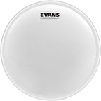 Evans UV1 coated 14-inch drum head with a smooth surface and drum kit setup in the background.