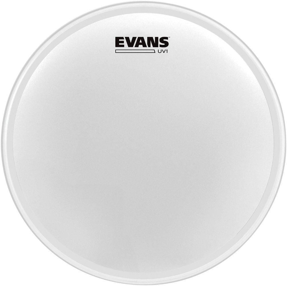 Evans UV1 coated 14-inch drum head with a smooth surface and drum kit setup in the background.