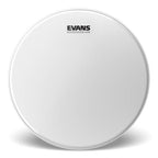 Evans UV2 coated 14-inch snare and tom drumhead, showing the black coated surface and drumhead edges.