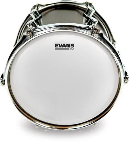 Evans UV1 coated 15-inch drum head showing textured surface and branding on the drum head for quality sound.