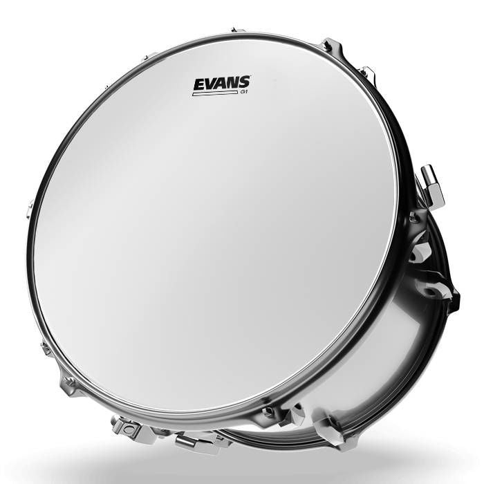 Evans 16-inch Genera G1 coated drum head showing textured surface and branding on the drum head.