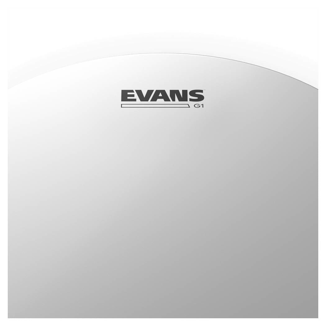 Evans 16-inch Genera G1 coated drum head, high-quality drum head with textured surface for warm, balanced sound, on a drum kit.