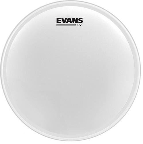 Evans UV1 coated 18-inch drum head, showing the black textured surface and branding details.