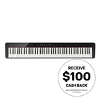 Casio Privia PX-S1100 Slimline Portable Digital Piano in black, showcasing its sleek design and compact size for performance.