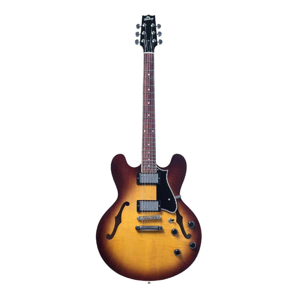 Heritage Standard H-535 semi-hollow electric guitar in original sunburst finish, showing body, f-holes, and hardware details.