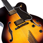 Heritage Eagle Classic Hollow Electric Guitar in sunburst finish with black pickguard and matching headstock, displayed with its black case.