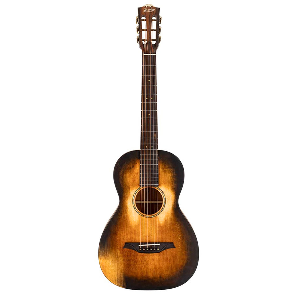 Bromo Guitar BAR6HHS Rocky Mountain all solid wood parlour acoustic guitar with a natural finish, showcasing its compact size and elegant design.