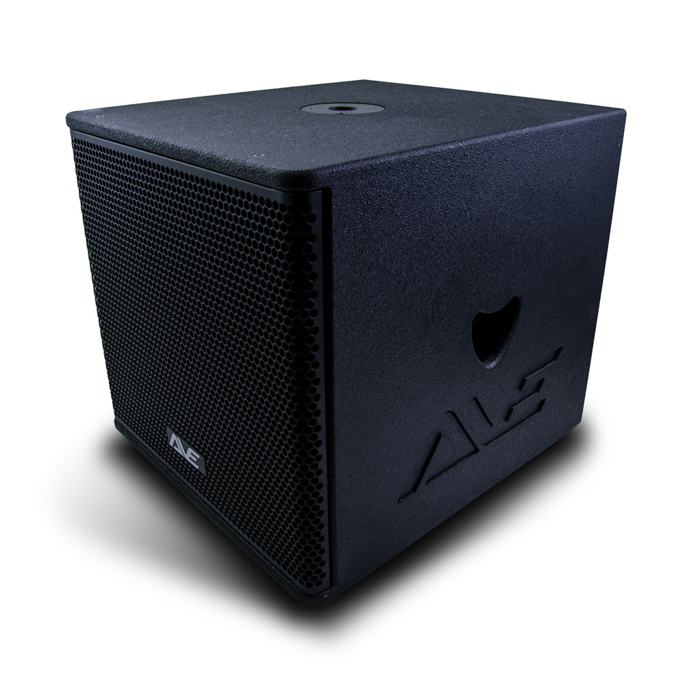 AVE Bassboy2 powered 15-inch subwoofer speaker with black enclosure and control panel, designed for powerful bass output.