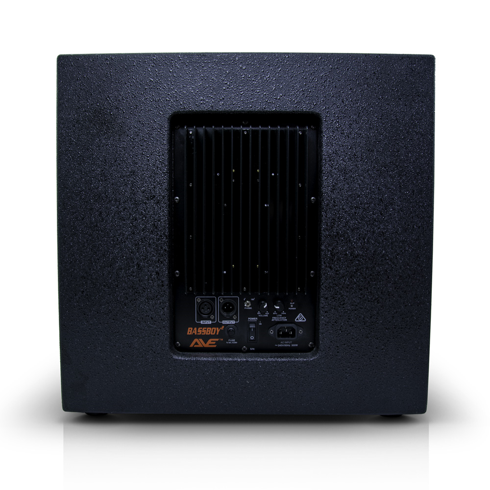AVE Bassboy2 powered 15-inch subwoofer with robust enclosure, designed for deep bass in professional sound systems.