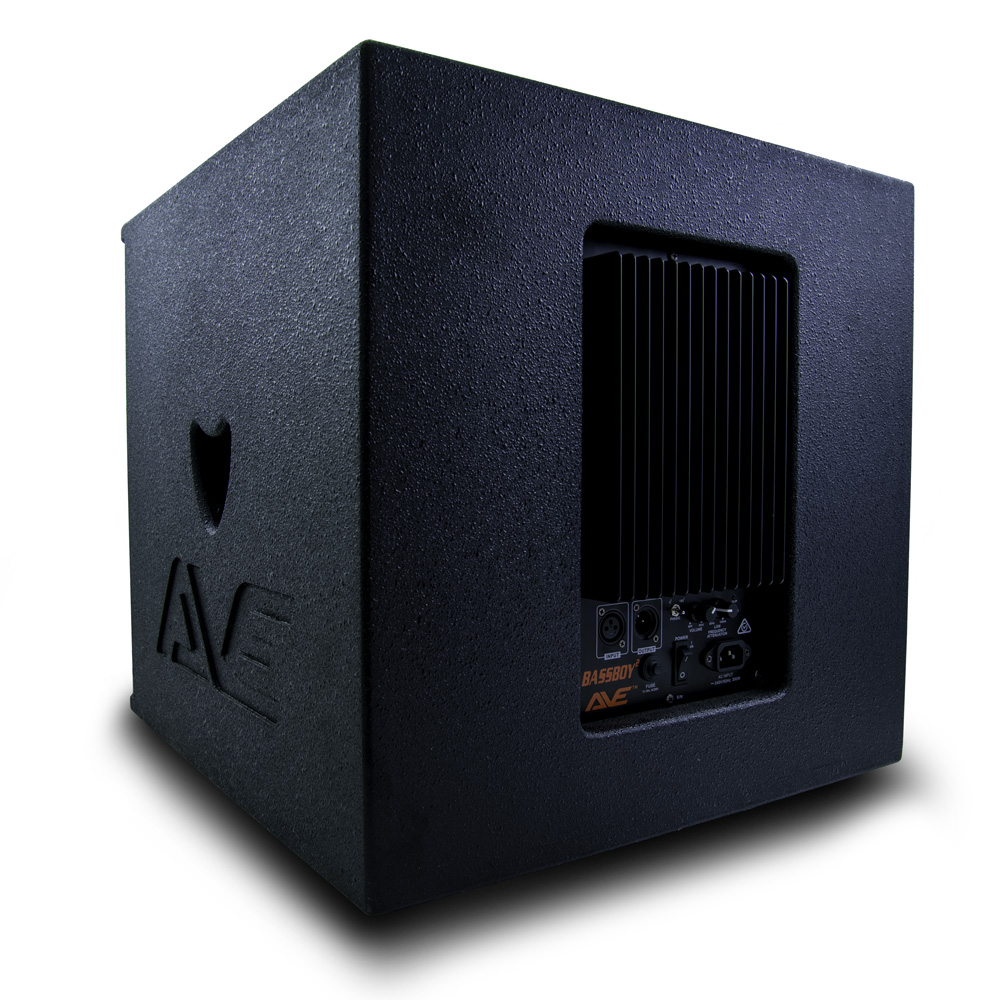 AVE Bassboy2 powered 15-inch subwoofer with robust enclosure and control panel, designed for deep bass in powered speaker setups.