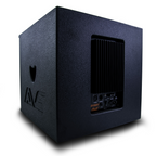 AVE Bassboy2 powered 15-inch subwoofer with robust enclosure and control panel, designed for deep bass in powered speaker setups.
