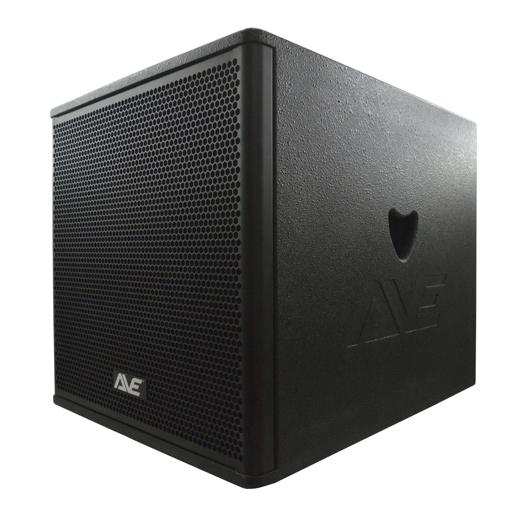 AVE Bassboy3 powered 18-inch subwoofer with robust speaker enclosure and control panel, designed for high-performance sound.