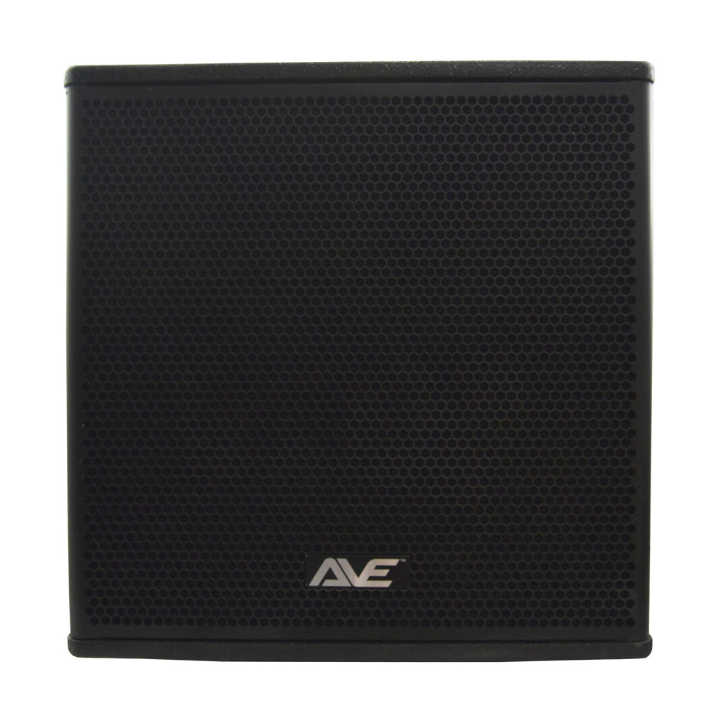 AVE Bassboy3 powered 18-inch subwoofer speaker with a sleek black enclosure and control panel, designed for powerful bass performance.