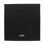 AVE Bassboy3 powered 18-inch subwoofer speaker with a sleek black enclosure and control panel, designed for powerful bass performance.