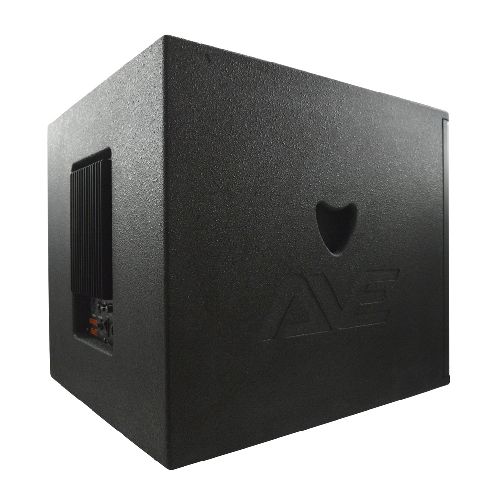 AVE Bassboy3 powered 18-inch subwoofer with bass speaker and control panel for deep, powerful sound in professional audio setups.