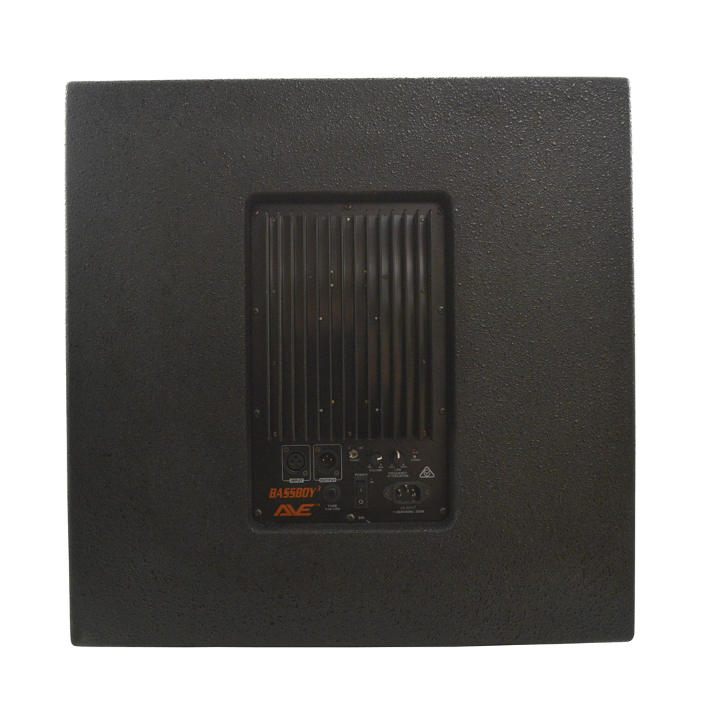 AVE Bassboy3 powered 18-inch subwoofer with built-in amplifier, showcasing its sturdy black enclosure and front-facing speaker cone.