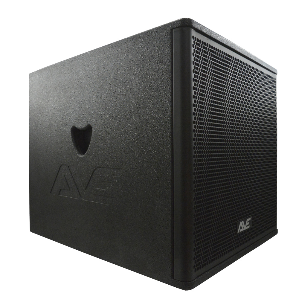 AVE Bassboy3 powered 18-inch subwoofer, branded speaker with a black enclosure and control panel, designed for deep bass sound.