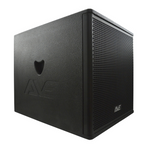 AVE Bassboy3 powered 18-inch subwoofer, branded speaker with a black enclosure and control panel, designed for deep bass sound.