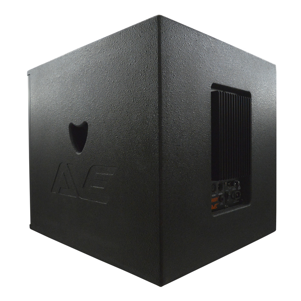 AVE Bassboy3 powered 18-inch subwoofer with a black enclosure, designed for deep bass in professional audio systems.