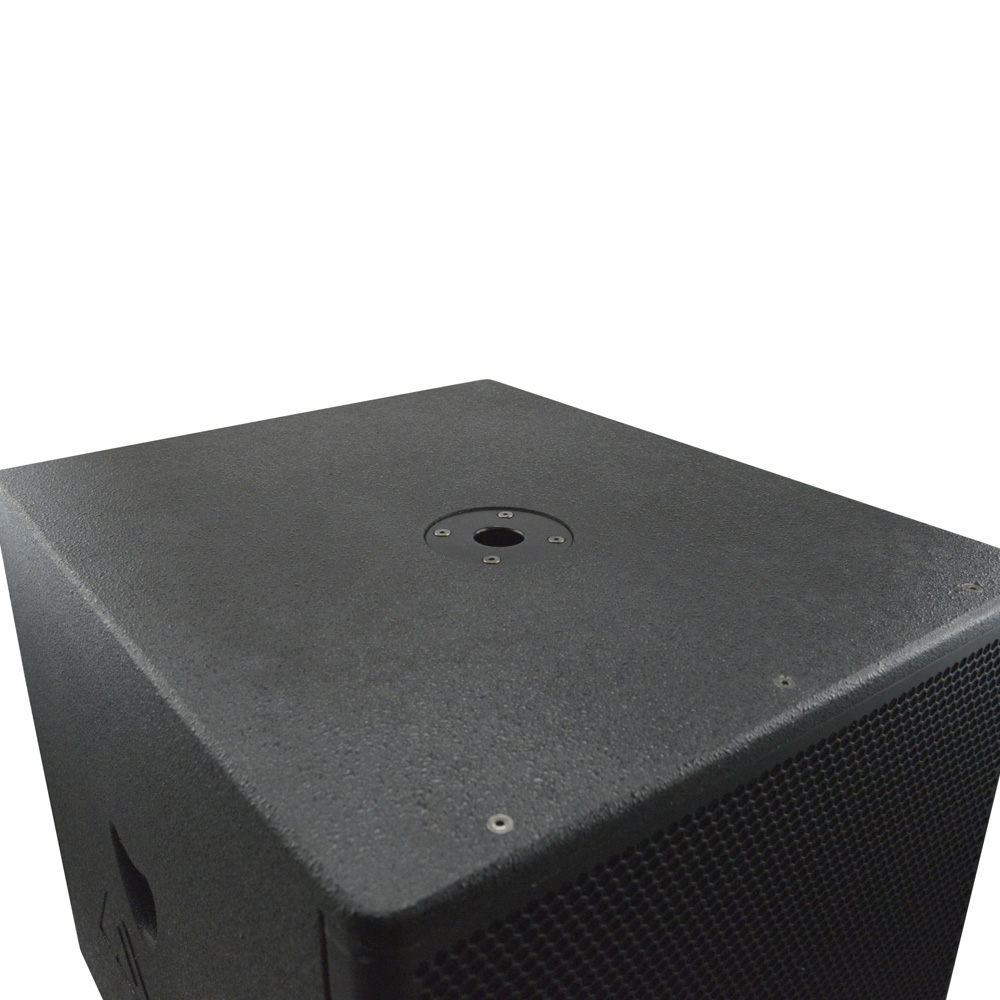 AVE Bassboy3 powered 18-inch subwoofer with sleek design, showcasing its sturdy build and high-performance audio capabilities.
