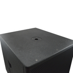 AVE Bassboy3 powered 18-inch subwoofer with sleek design, showcasing its sturdy build and high-performance audio capabilities.