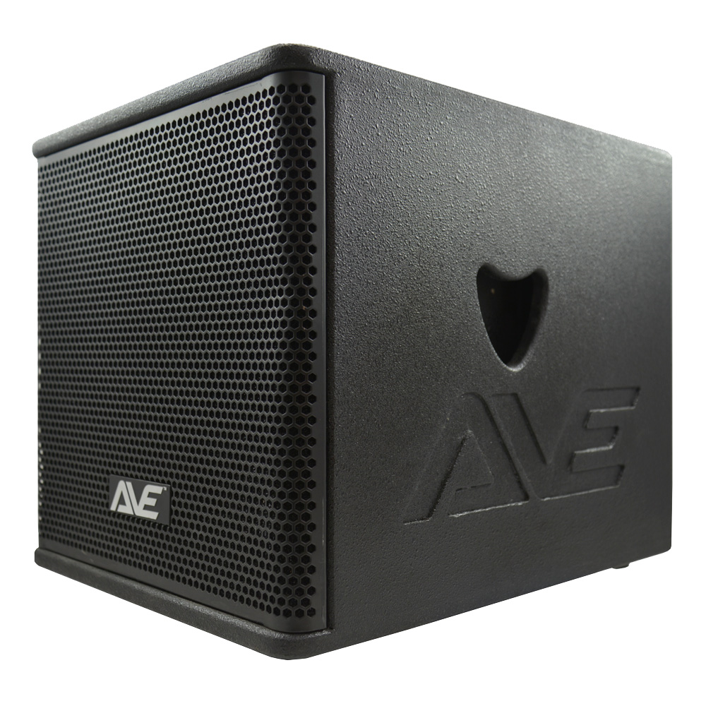 AVE Bassboy 12-inch powered subwoofer with sleek black enclosure, designed for deep bass in high-performance sound systems.