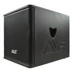 AVE Bassboy 12-inch powered subwoofer with sleek black enclosure, designed for deep bass in high-performance sound systems.