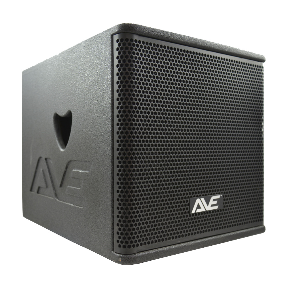 AVE Bassboy powered 12-inch subwoofer in black with control knobs, designed for powerful bass in home or car audio systems.