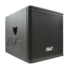 AVE Bassboy powered 12-inch subwoofer in black with control knobs, designed for powerful bass in home or car audio systems.
