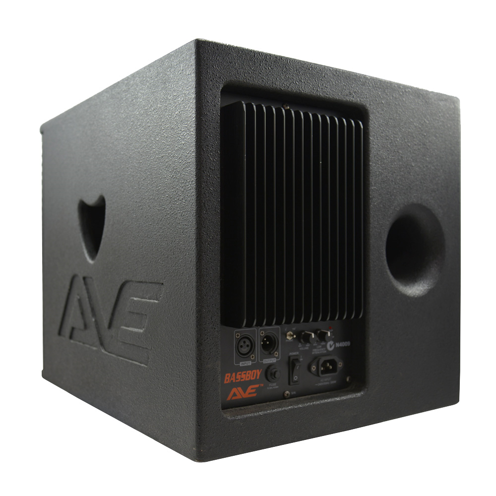AVE Bassboy powered 12-inch subwoofer, a high-performance speaker with a sleek design, ideal for powerful bass sound.