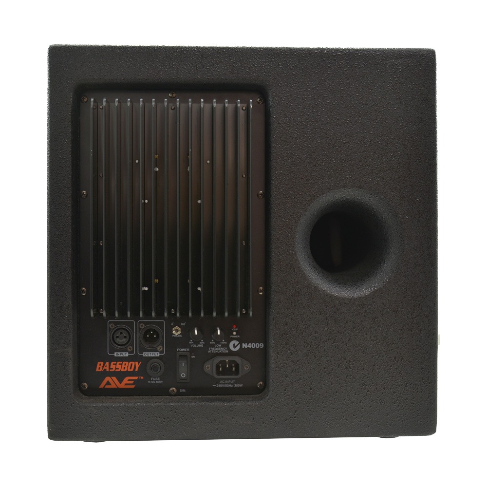 AVE Bassboy powered 12-inch subwoofer for enhanced bass in powered speaker setups, featuring a sleek design with control panel.