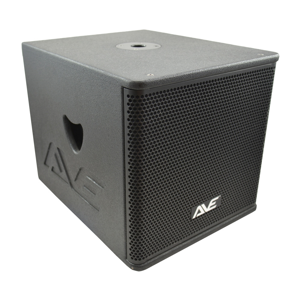 AVE Bassboy powered 12-inch subwoofer with built-in amplifier, designed for deep bass in home or car audio systems.