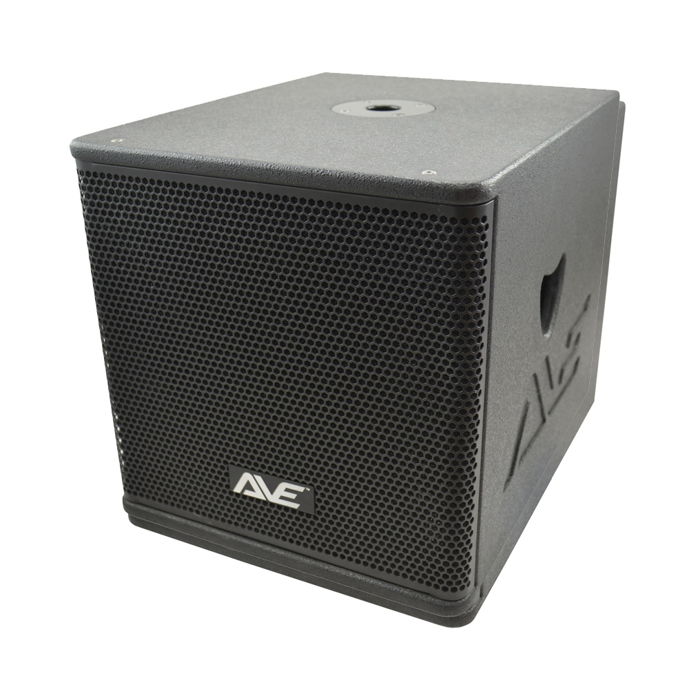 AVE Bassboy powered 12-inch subwoofer, a high-performance speaker with a sleek design and prominent grille for deep bass sound.