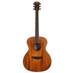 Bromo Guitar BAT2M Tahoma solid top acoustic guitar with natural wood finish and six steel strings, showcasing its body and fretboard.