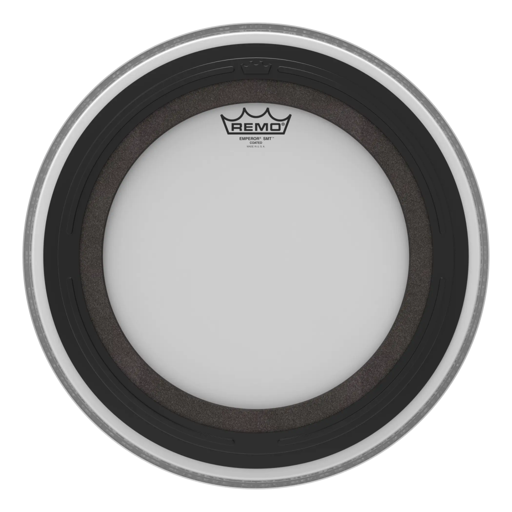 Remo SMT Emperor coated 16-inch bass drum head featuring durable coating and clear branding for drum kit use.