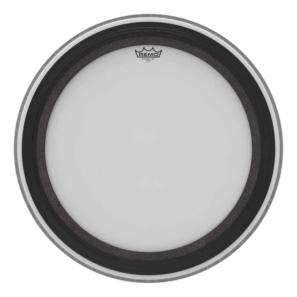 Remo SMT Emperor Coated 24-inch bass drum head showing the coated surface and branding on a drum head.