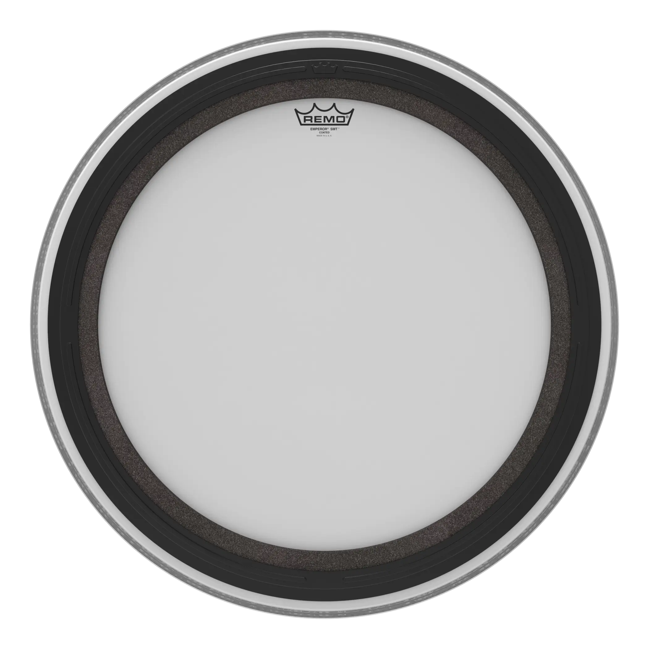 Remo SMT Emperor Coated 24-inch bass drum head showing the coated surface and branding on a drum head.