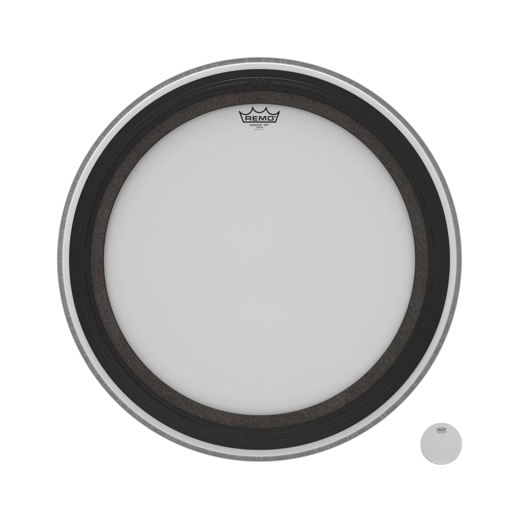 Remo SMT Emperor coated 24-inch bass drum head with black logo and smooth coated surface for resonant sound and durability.