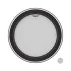 Remo SMT Emperor coated 24-inch bass drum head with black logo and smooth coated surface for resonant sound and durability.