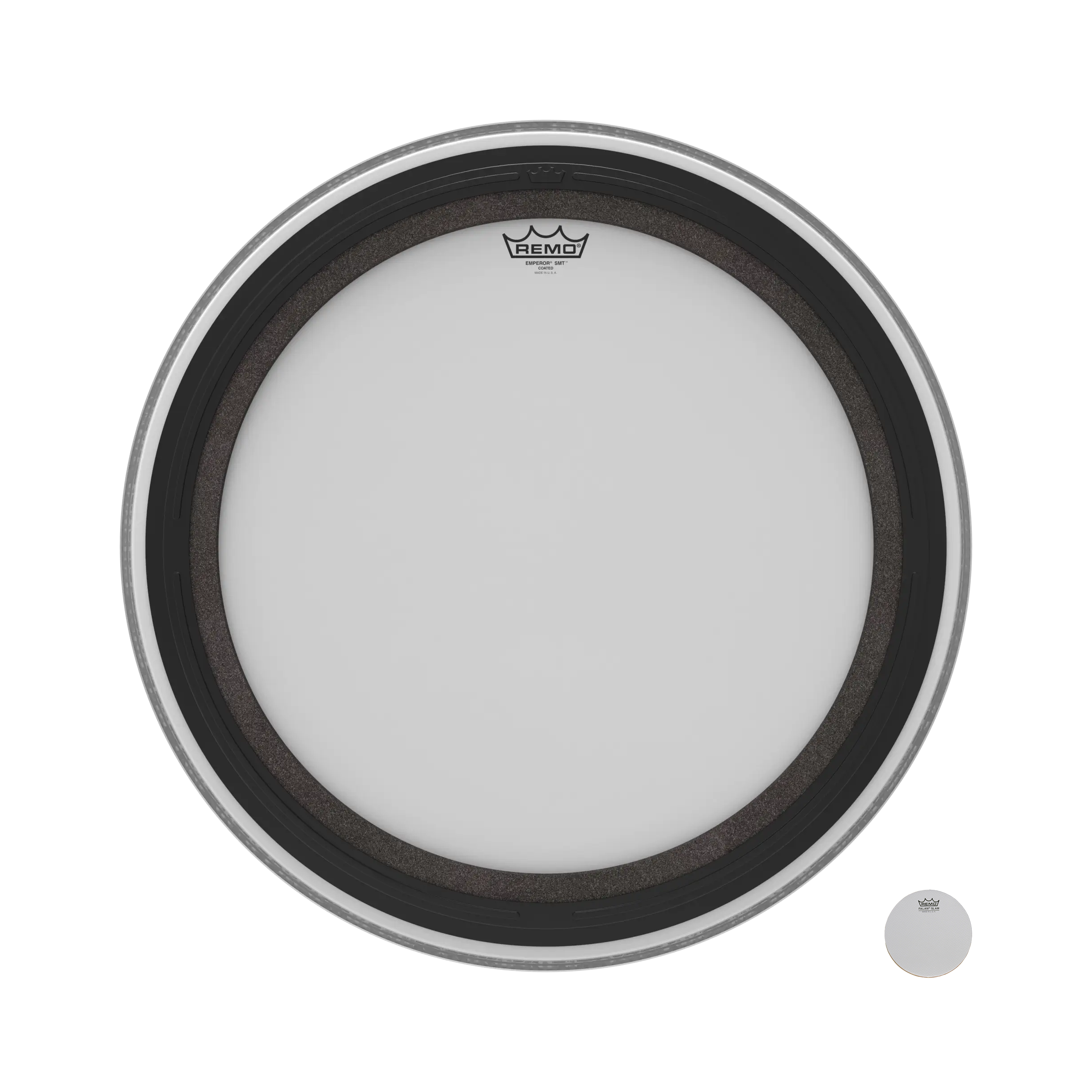 Remo SMT Emperor coated 24-inch bass drum head with black logo and smooth coated surface for resonant sound and durability.