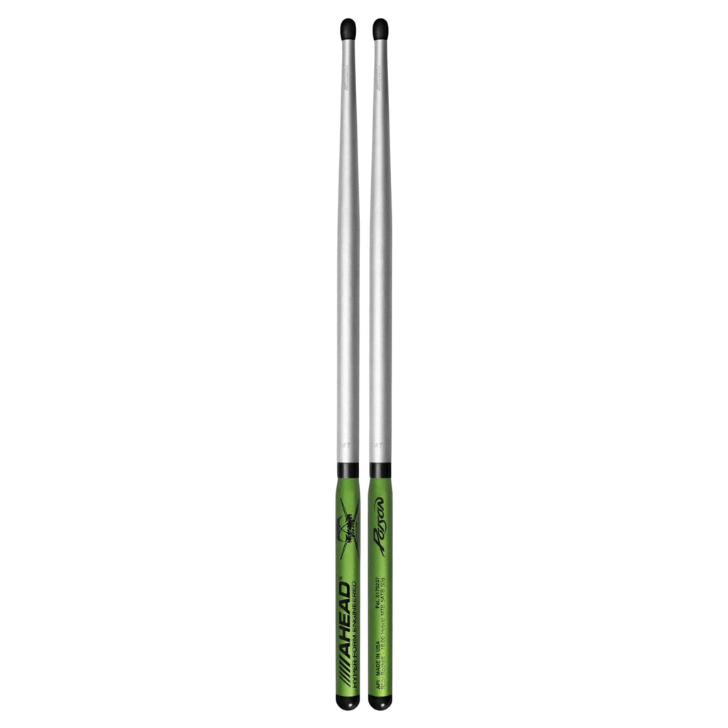 Ahead Rikki Rockett drumsticks in black and green, featuring wood handles and branded logo, suitable for drummers.