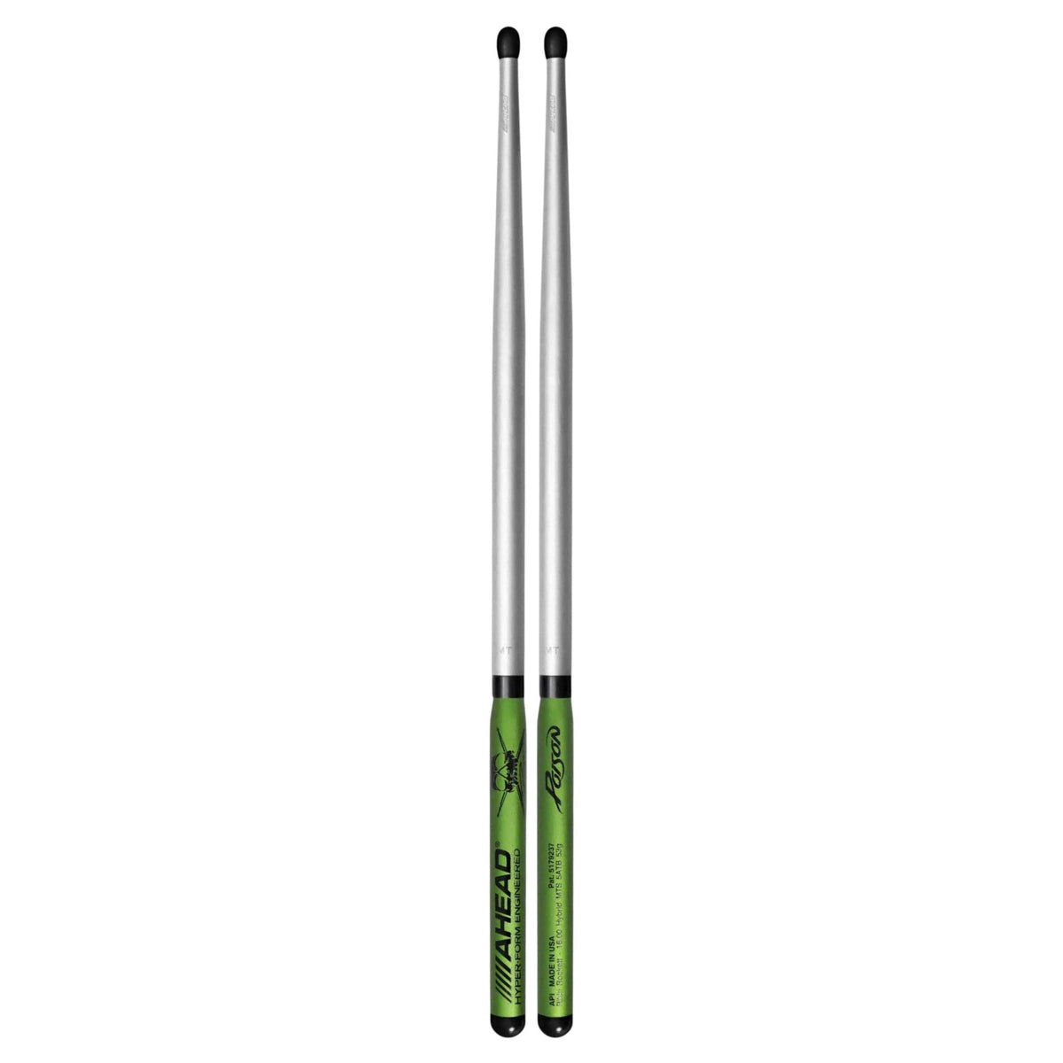 Ahead Rikki Rockett drumsticks in black and green, featuring wood handles and branded logo, suitable for drummers.