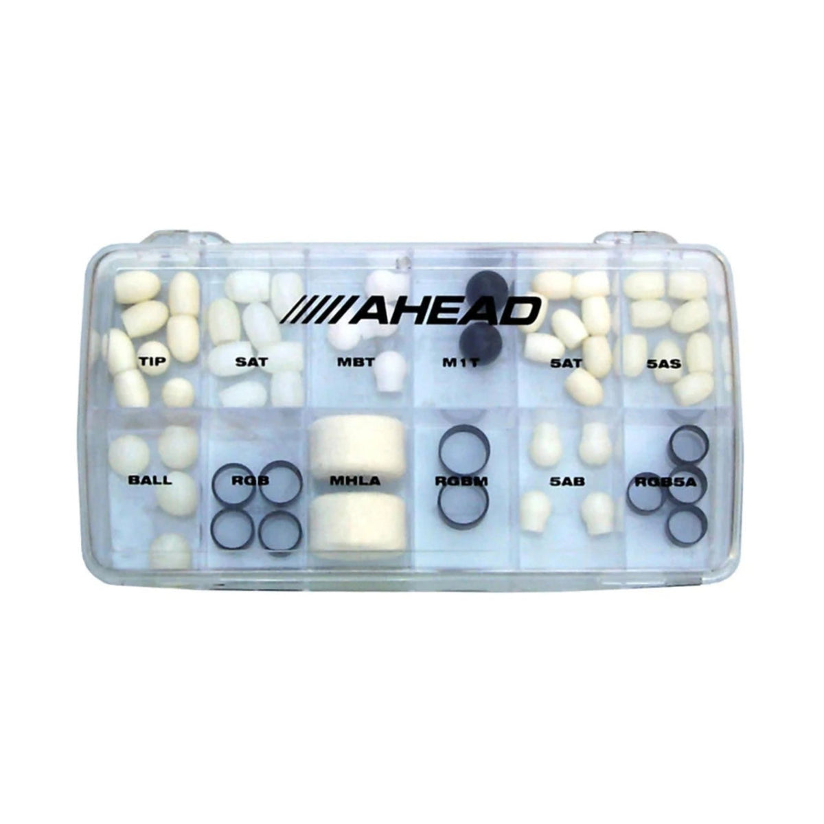 Ahead Tip and Ring replacement kit with 58 pieces including sticks, brushes, mallets, and rods for percussion instruments.