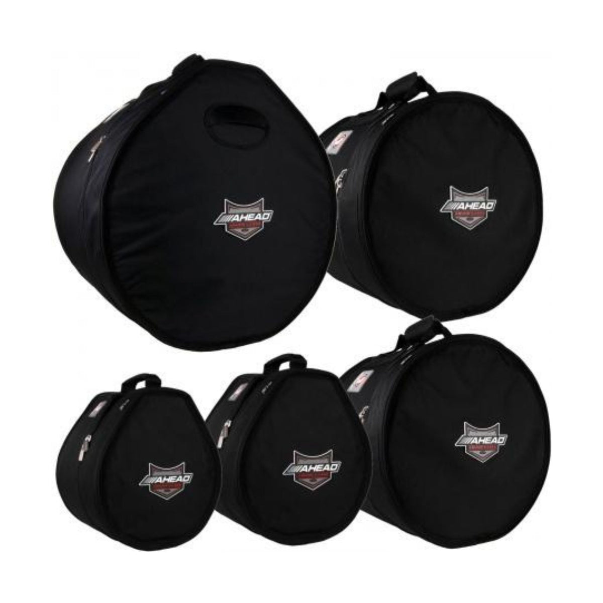 Ahead Armor ARSET-5 drum case set with four durable black drum bags and cases for various drum sizes, designed for protection and transport.