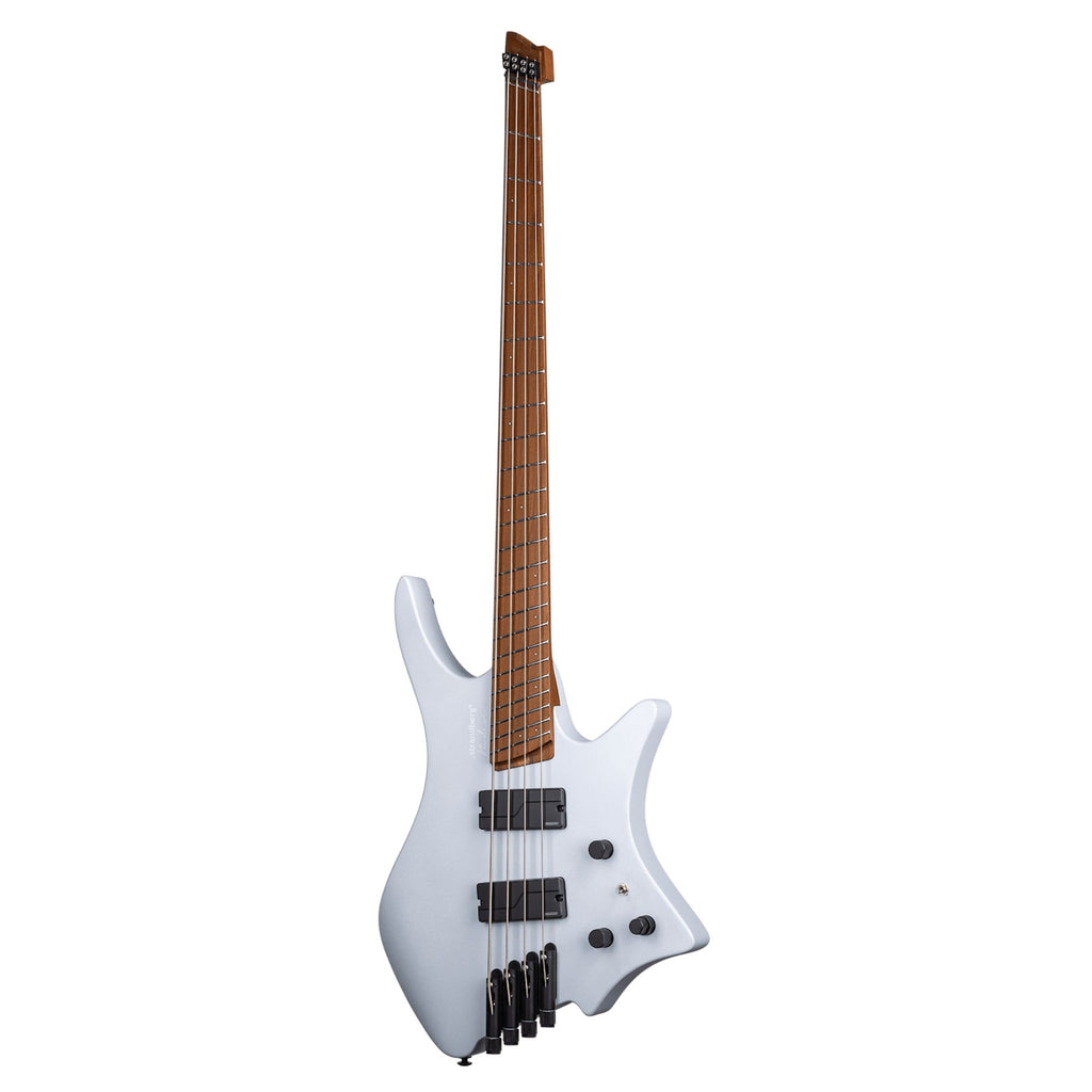 Strandberg Boden Bass Standard 4 in Blue Aura Metallic with sleek body and four strings, showcasing modern design and craftsmanship.