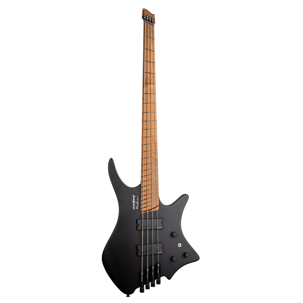 Strandberg Boden Standard 4 black metallic bass guitar with sleek body and modern design, featuring four strings and ergonomic shape.
