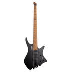 Strandberg Boden Standard 4 black metallic bass guitar with sleek body and modern design, featuring four strings and ergonomic shape.