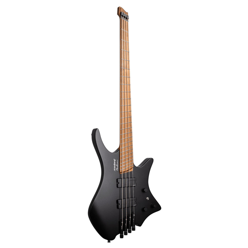 Strandberg Boden Bass Standard 4 in black metallic finish, featuring sleek body and four-string bass guitar with modern design.