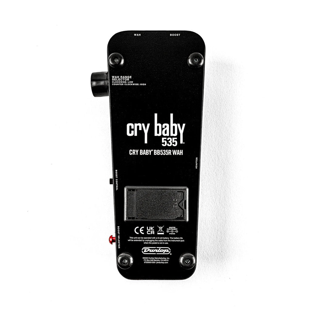 Jim Dunlop BB535R Cry Baby Wah reissue effects pedal with footswitch and control knob on a pedalboard.