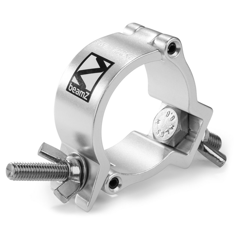 Beamz BC50-100 Slimline Half Coupler for stands and brackets, rated to hold up to 100kg, shown in a close-up image.